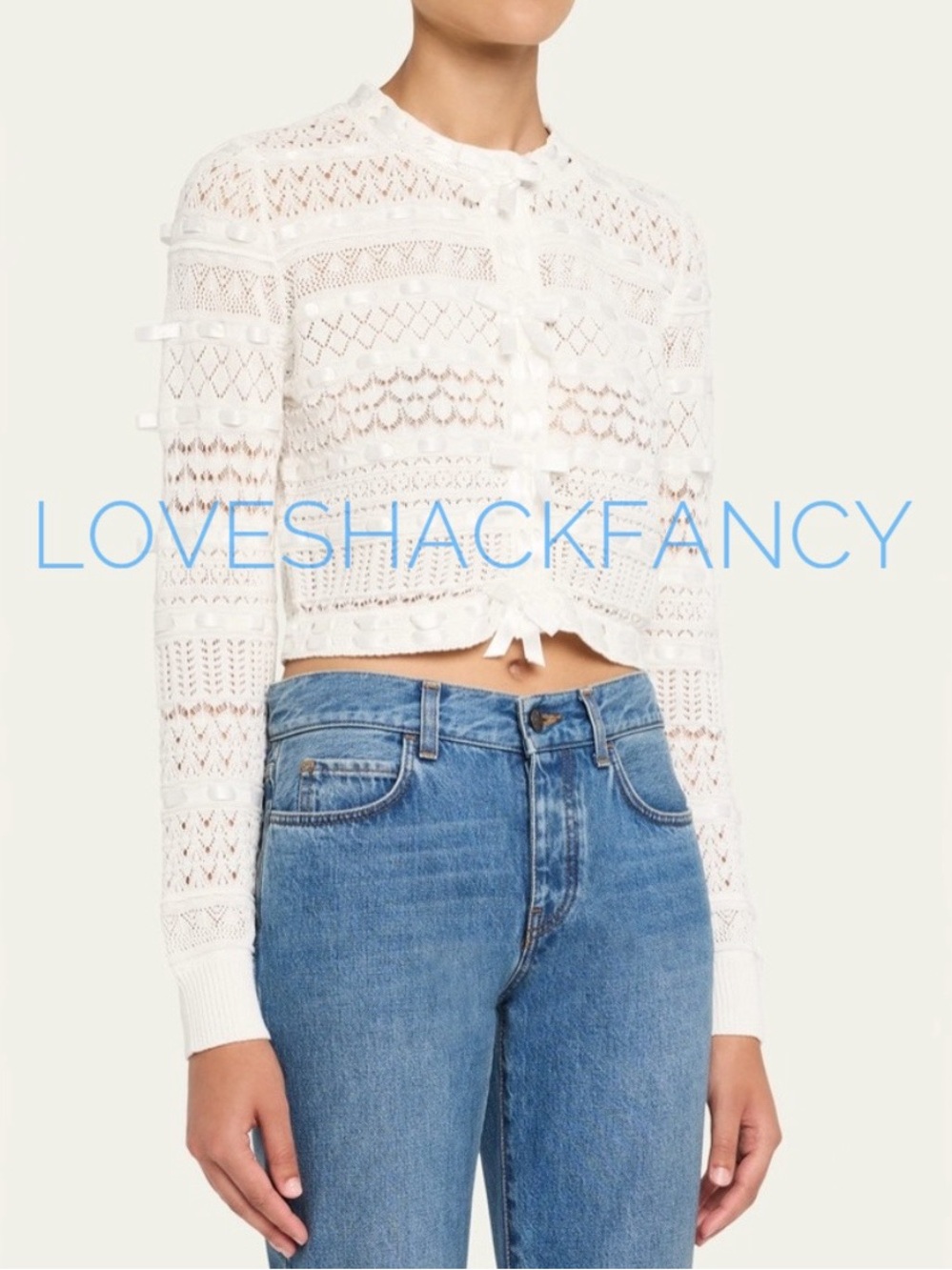 LoveShackFancy White Cropped Lace Knit Cardigan